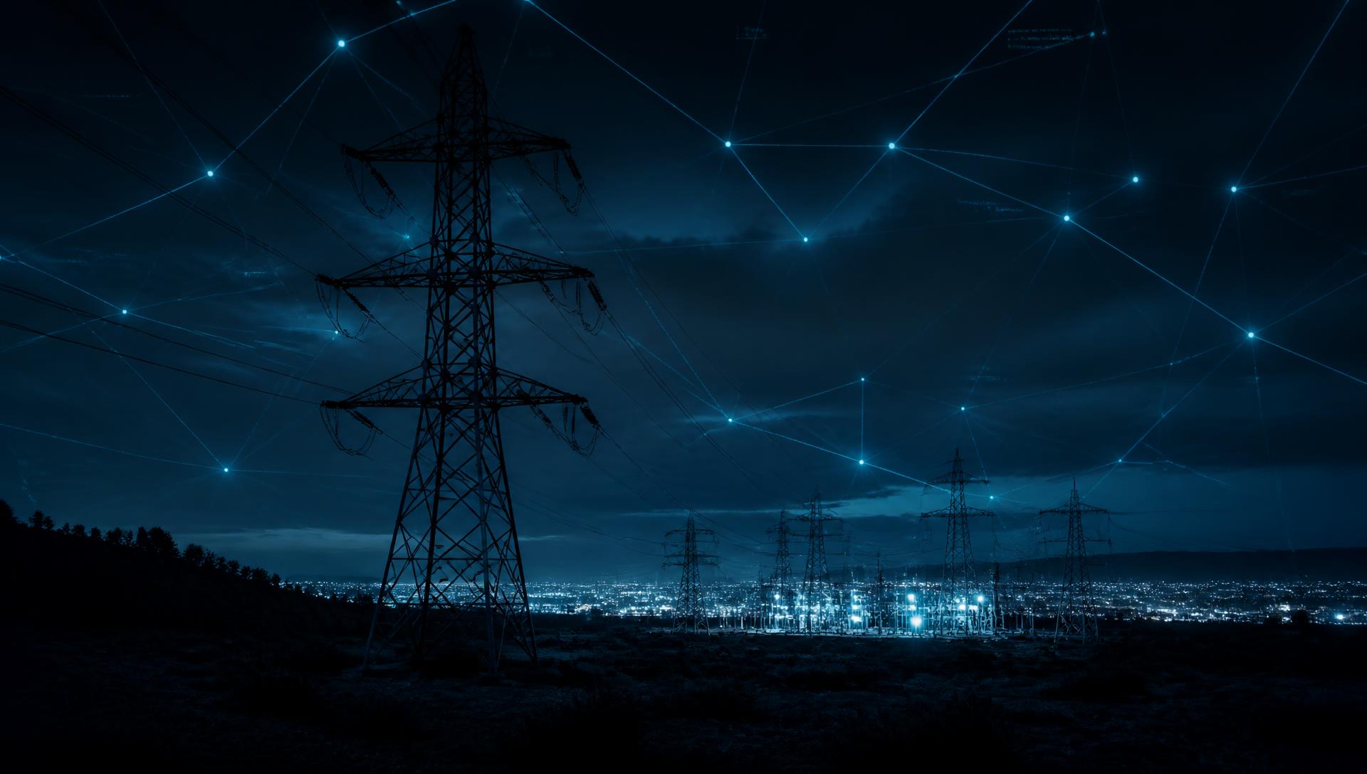 High-voltage transmission towers and a lit substation at night beneath a network of glowing grid connections